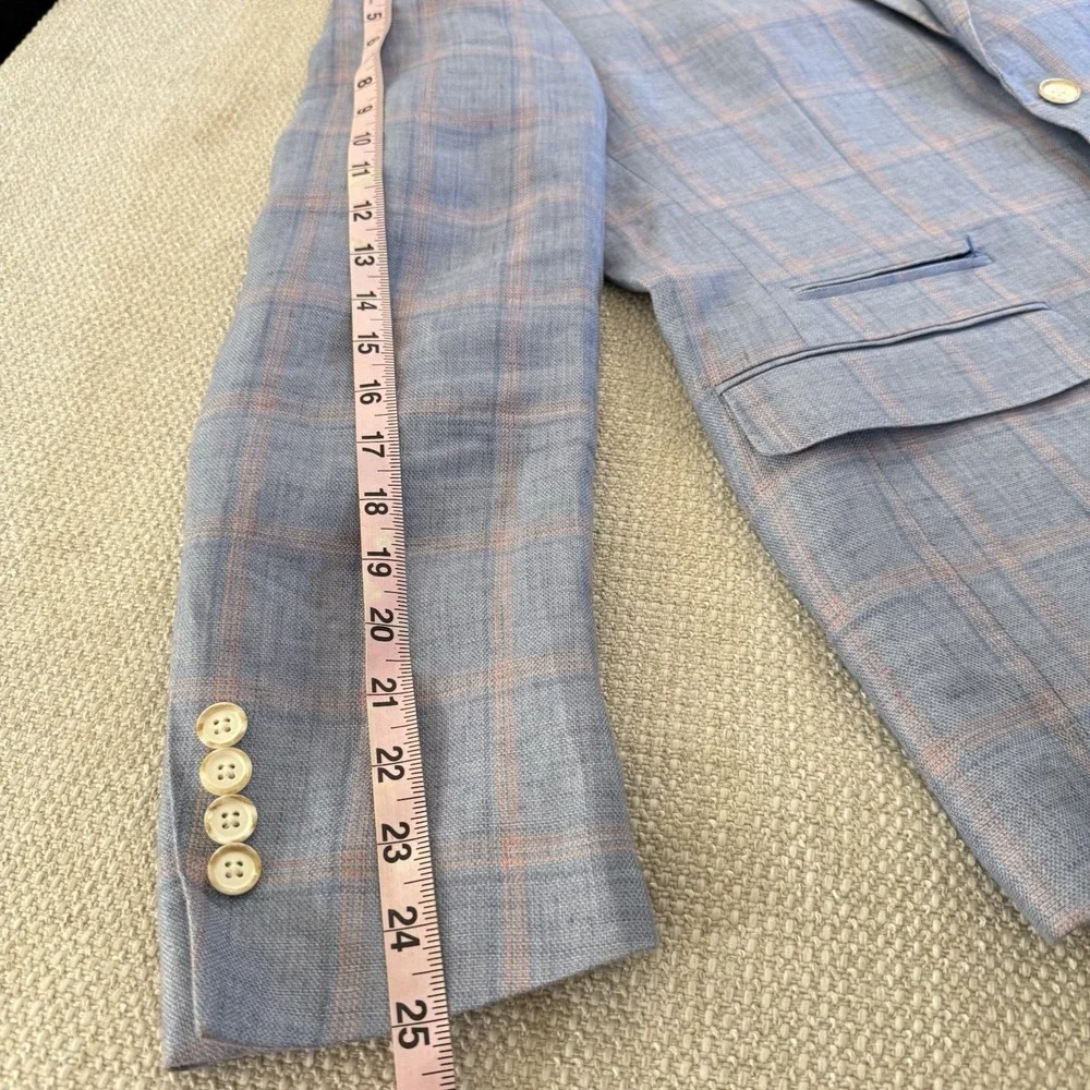 Tallia Mens 40S Blue Pink Windowpane Plaid 100% Linen Sport Coat Blazer Jacket